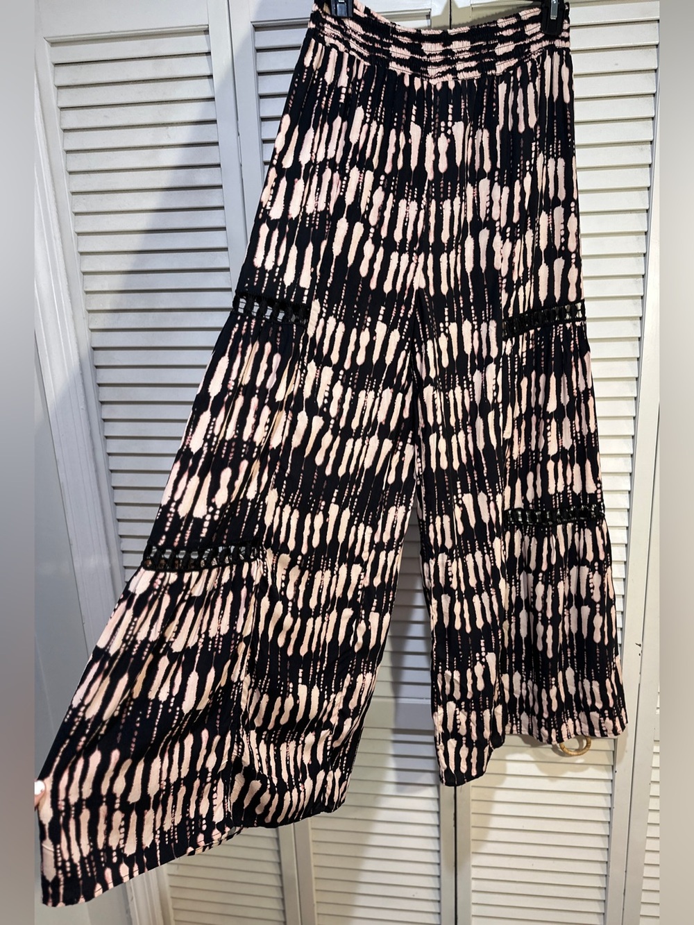 Boho Tie Dye Wide Leg Palazzo Pants Black Cream Festival Resort Large - Picture 3 of 9